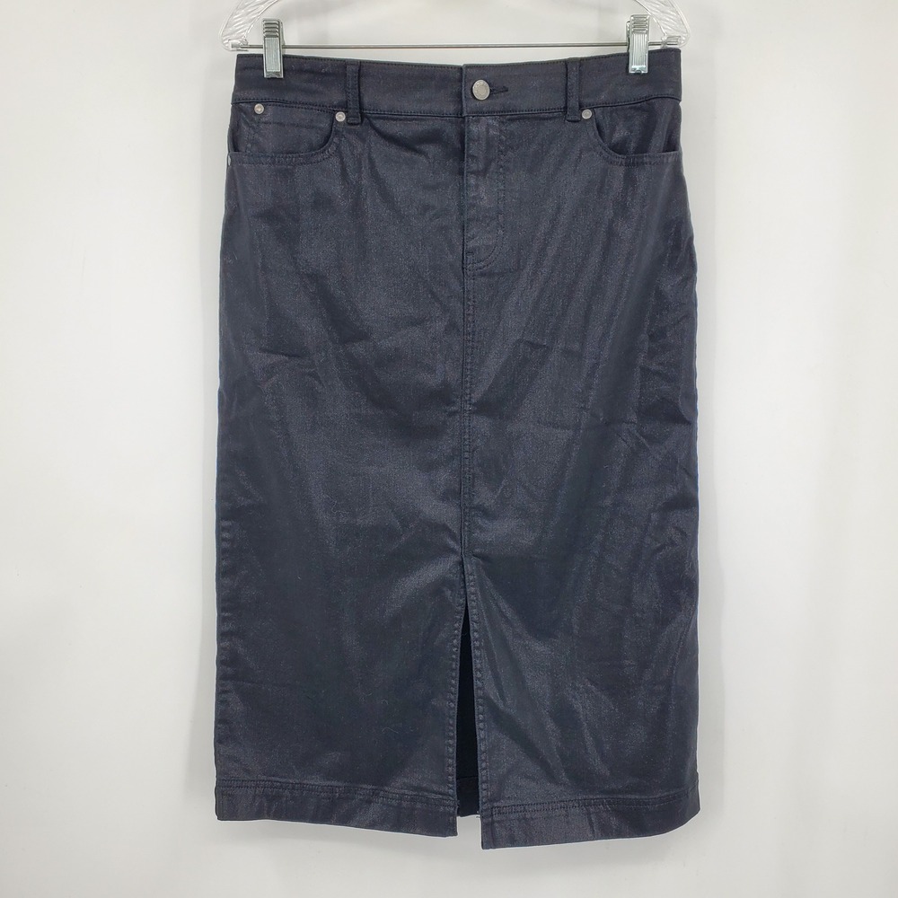 Talbots Black Coated Denim Midi Pencil Skirt Size 8 Front Slit NWT Career Office